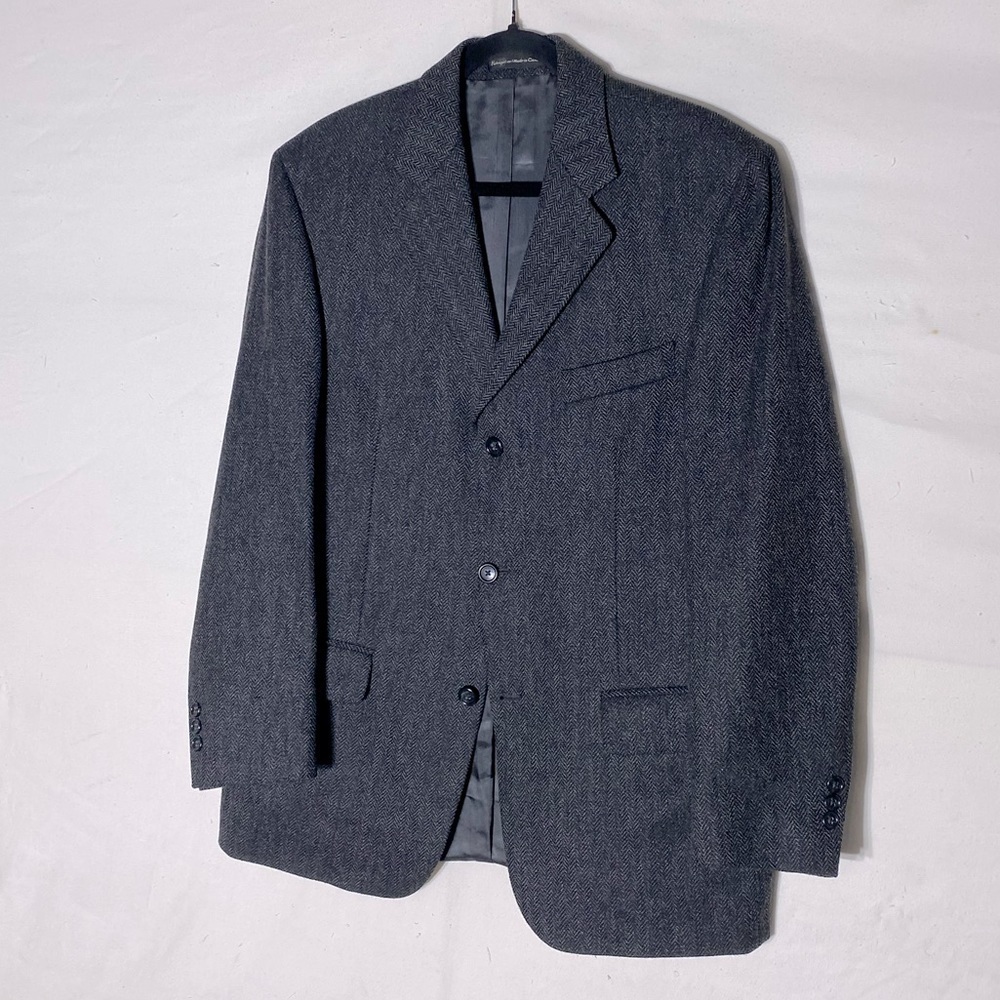 Vintage Oscar De La Renta Dark Grey Wool Herringbone Blazer Suit Jacket 40R